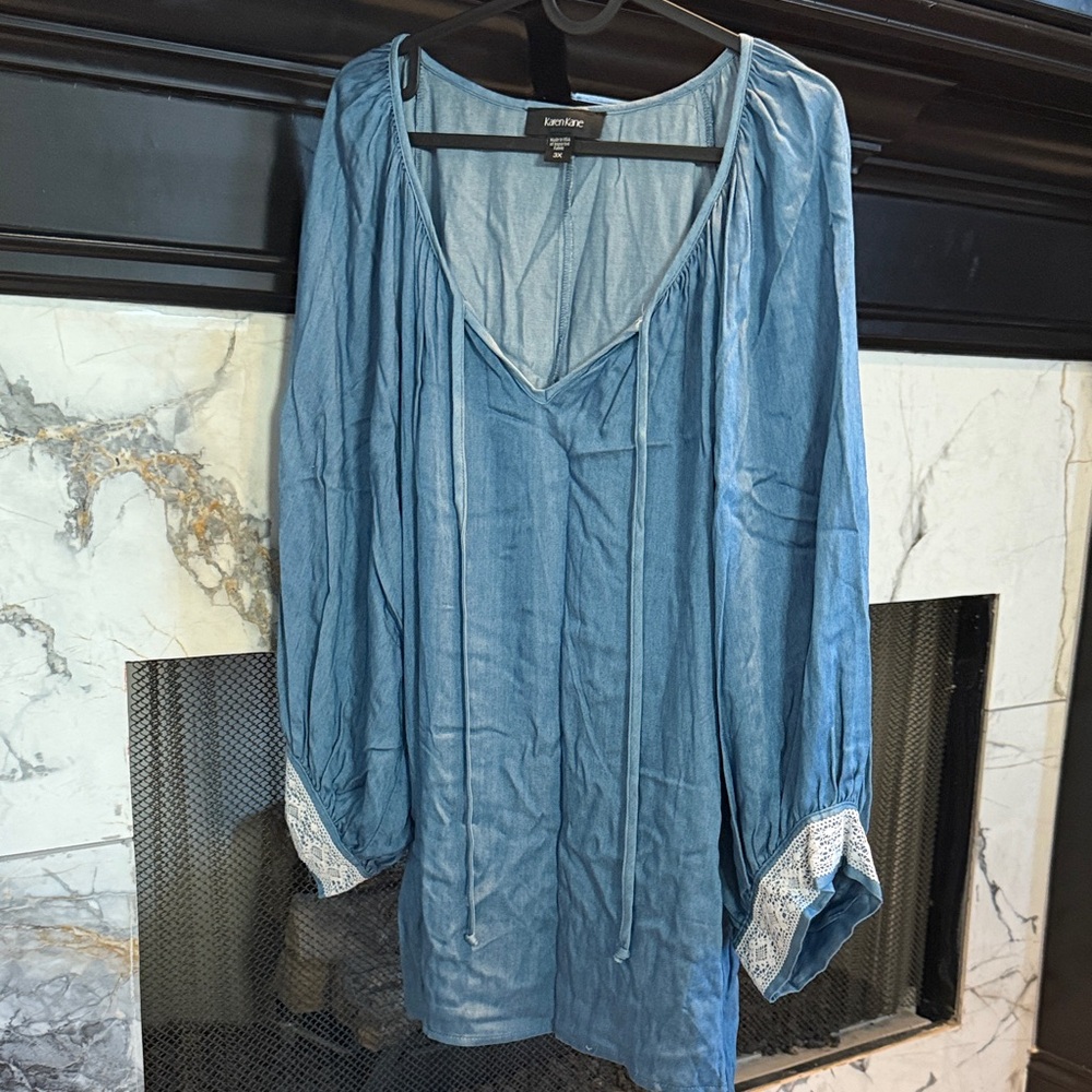 Blue Long Sleeve Blouse with Lace Cuffs